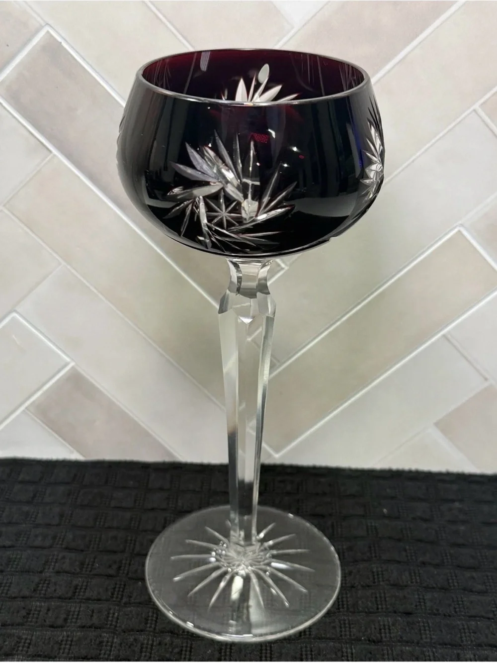 Bohemian Dark Amethyst / Red Cut to Clear Crystal Hock Wine Glass Goblet 8